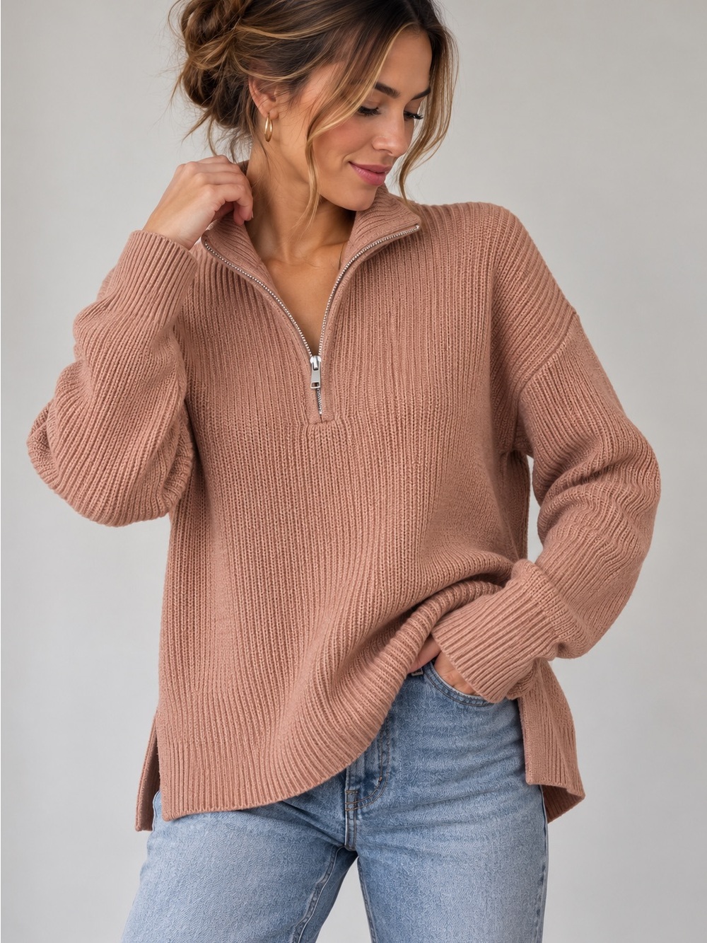 Kit and Ace Half-Zip Sweater Merino Wool Dusty Rose Womens Small